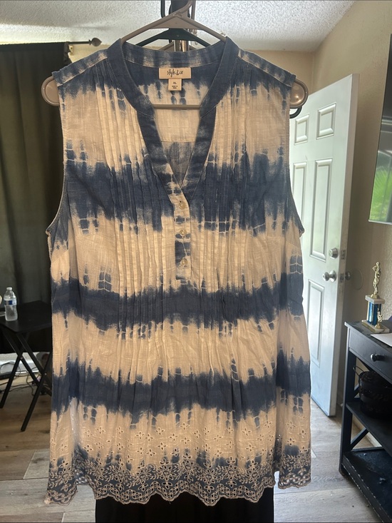 Style & Co. Tops - Style & Co. White and Navy Tie-Dye Sleeveless Henley Tank